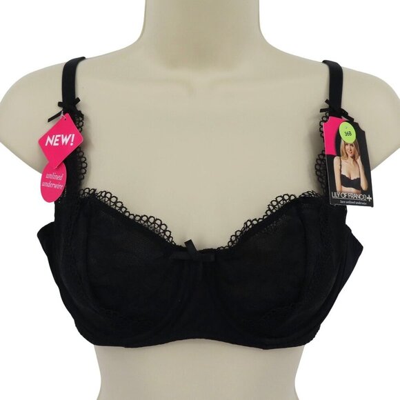 Lily of France 36B Style 2177192 Solid Black Lace Unlined Underwire Bra Bow NEW - Picture 1 of 12